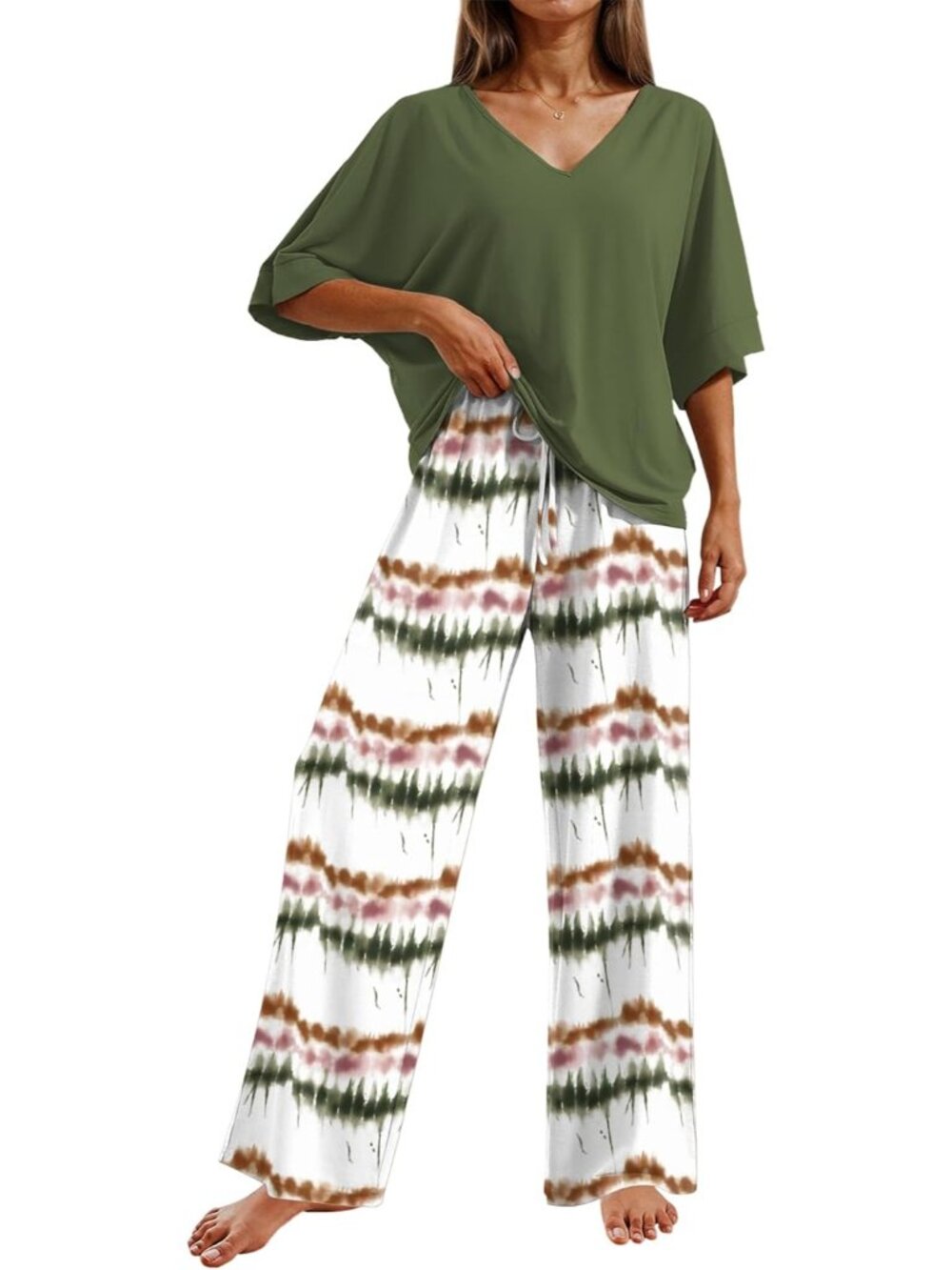 Women's Ombre Green Casual V Neck Short Sleeve Sleepwear 2 Piece Pajama Sets